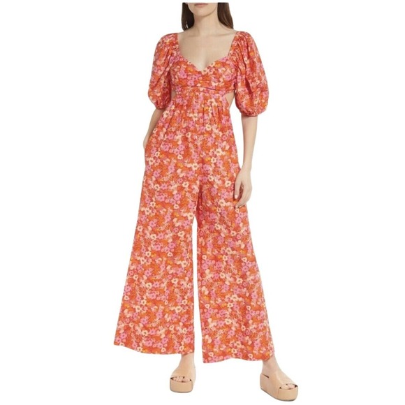 NWT Free People Floral Jumpsuit Amy Jumpsuit S Wide Leg Puff Sleeves Boho Gypsy - Picture 3 of 11